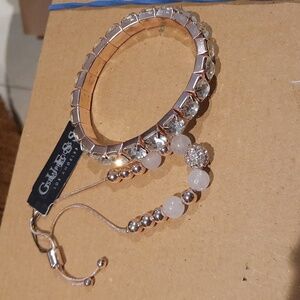 NWT GENUINE 2pc GUESS GOLD BRACELETS Bolo Crystal Gen-Gemstone Quartz & CRYSTAL